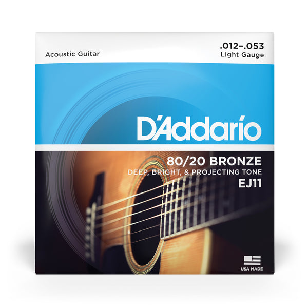 D'Addario 12-53 Light, 80/20 Bronze Acoustic Guitar Strings EJ11