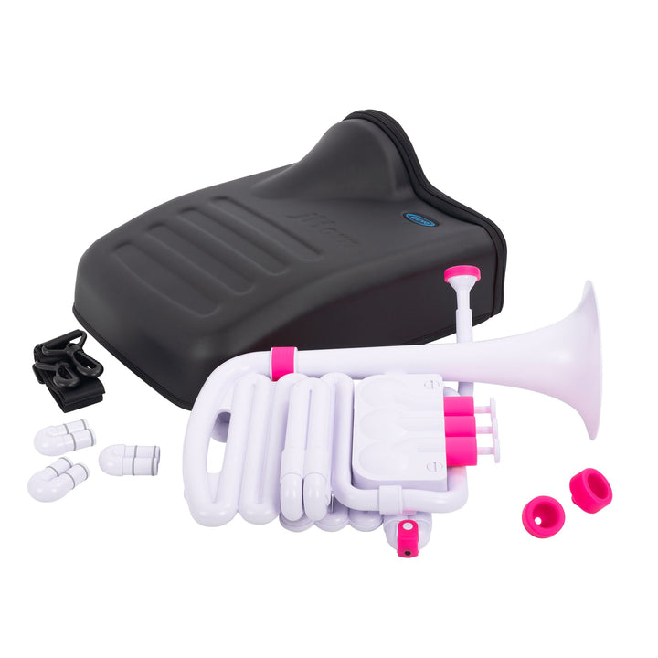 Nuvo jHorn White and Pink Instrument on side with accessories