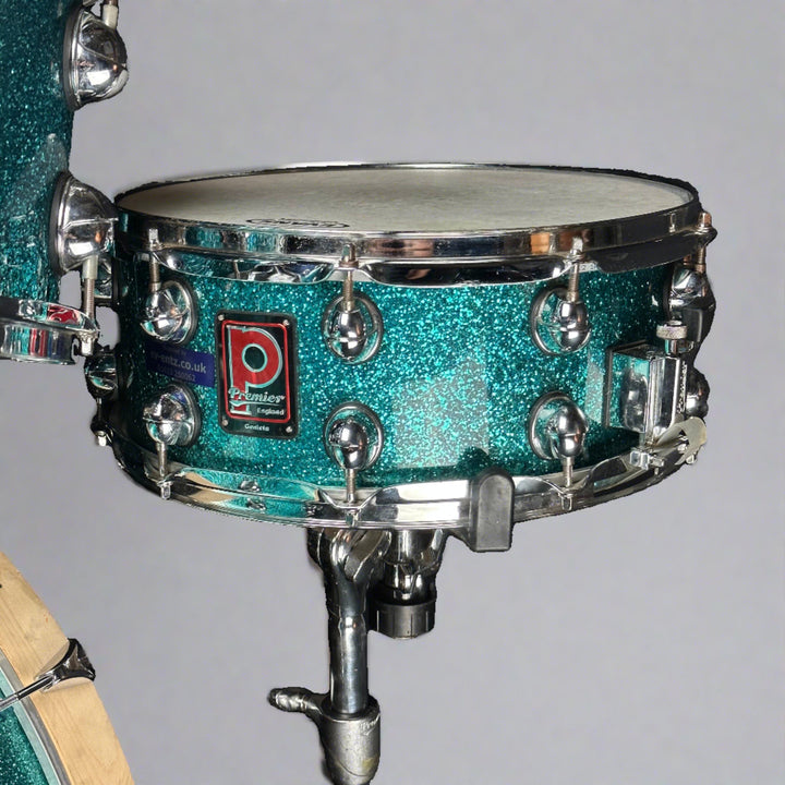 Pre-Owned Premier Genista in Green Sparkle Original Chinese Prototype Snare Drum with Badge on stand