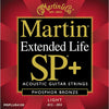 Martin Extended Life SP+ acoustic guitar strings packaging on a red background
