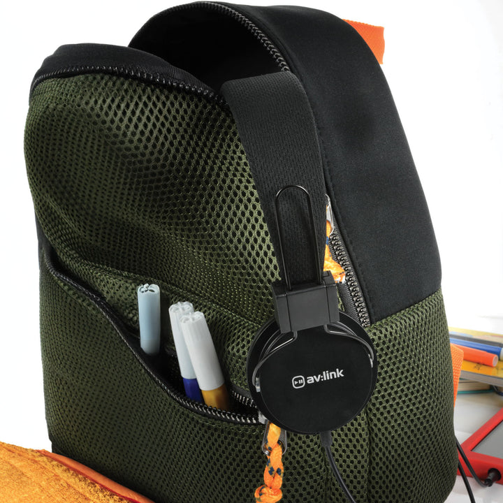 AV:Link Children's Headphones with in-line Microphone Lifestyle shot in bag