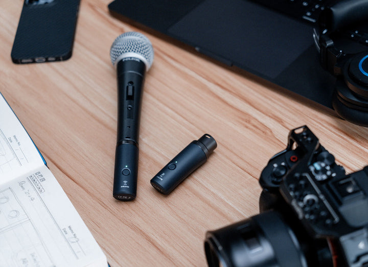 NUX B-3RC wireless microphone system in use with dynamic microphone and XLR connections