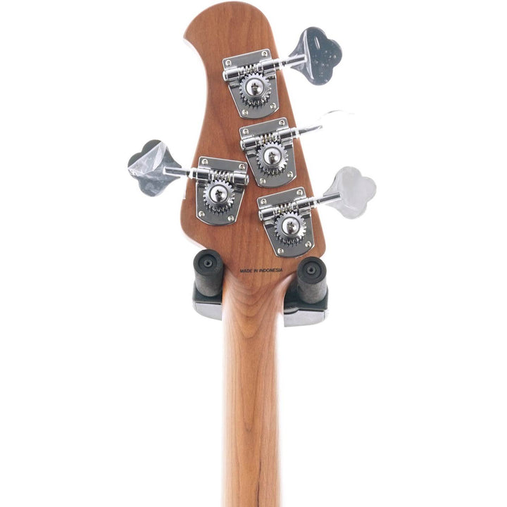 Sterling by Music Man Stingray RAY34 bass guitar back of the headstock, featuring Schaller BM tuning machines and serial number.