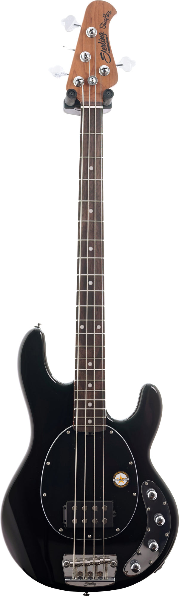 Sterling by Music Man Stingray RAY34 4-String Bass Guitar in Black, full front view showing its classic Stingray design.