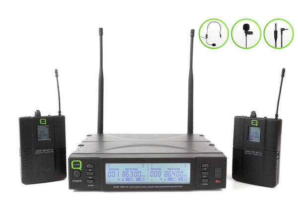 Q-Audio QWM 1960 BP V2 UHF Dual Channel True Diversity BP Wireless Mic System with 2 Beltpack Transmitters and 2 Headset Mics - 863-865 MHz / 606-614 MHz