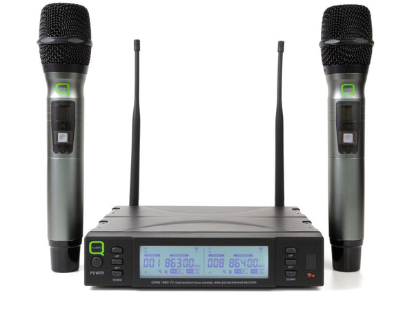 Q-Audio QWM 1960 HH V2 UHF Dual Channel True Diversity Handheld Wireless Mic System with 2 Handheld Microphones - 863-865 MHz / 606-614 MHz