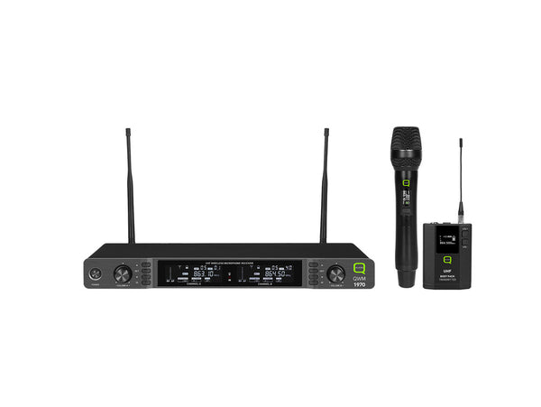 Q-Audio QWM 1970 HH BP UHF Dual Channel Diversity Handheld/Beltpack Wireless System - 19" Rack Mountable (863-865 MHz & 606-614 MHz)