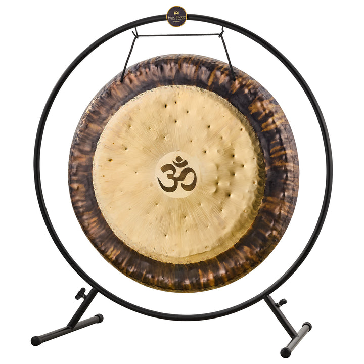 Assembled Meinl Sonic Energy Round Gong Stand with gong mounted, showcasing sleek black finish