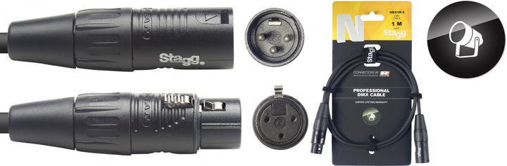 Stagg NDX1R-3 1m DMX cable with black 3-pin XLR male and female REAN connectors