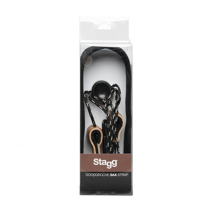 Packaged Stagg saxophone strap in retail blister pack

