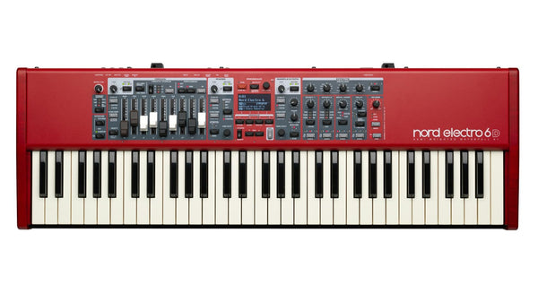 Nord Electro 6D 61 stage keyboard, front view showing semi-weighted waterfall keys and intuitive panel layout.