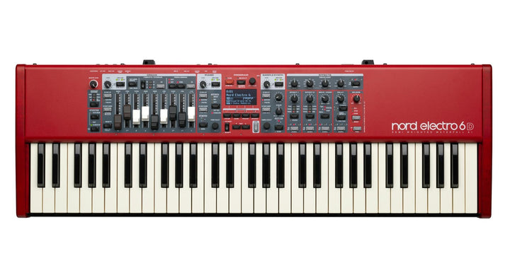 Nord Electro 6D 61 stage keyboard, front view showing semi-weighted waterfall keys and intuitive panel layout.