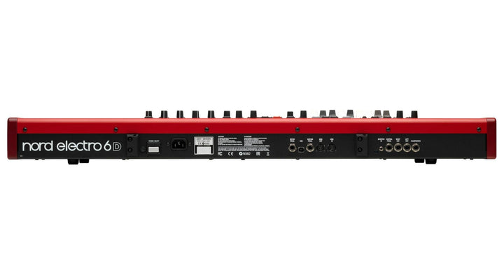 Nord Electro 6D 61 back panel displaying connectivity options including audio outputs and MIDI ports.