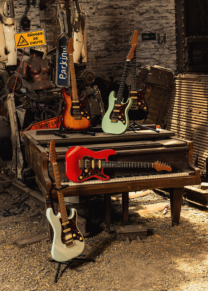Multiple Crafter electric guitars displayed together including the SVVSM TS
