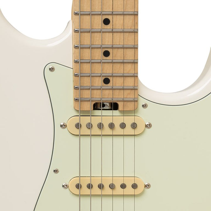 Close-up of the Olympic White finish and mint green pickguard

