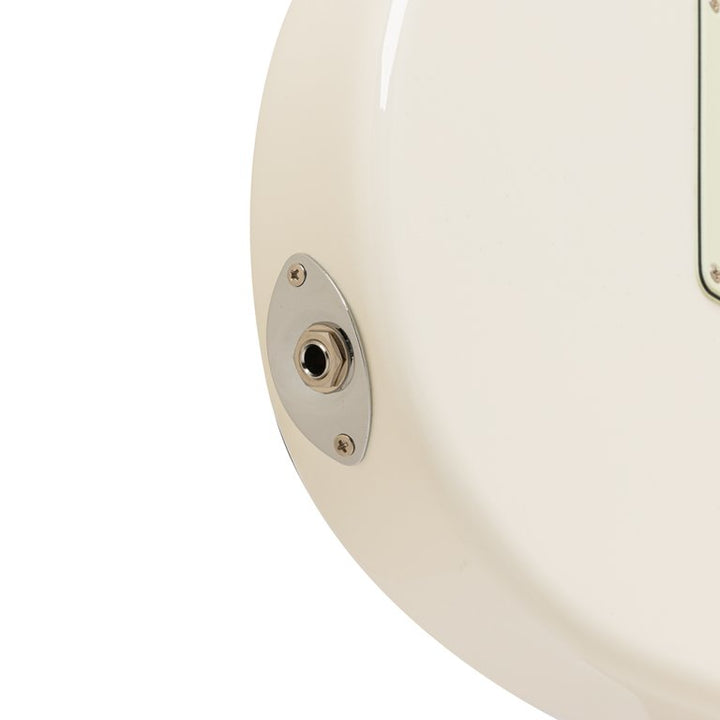 Side jack input close-up on Olympic White Crafter guitar

