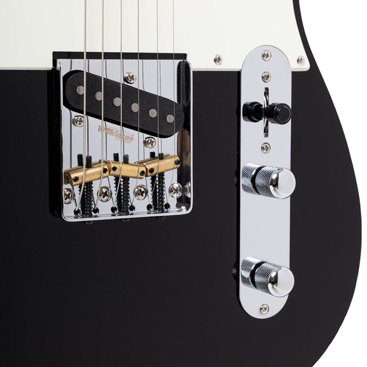 Close-up of T-style body with vintage parchment pickguard and Alnico V pickups

