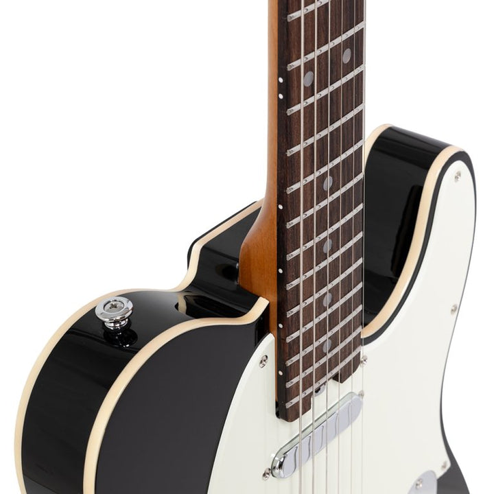Side angle of rosewood fingerboard with stainless steel frets and ABS cream binding

