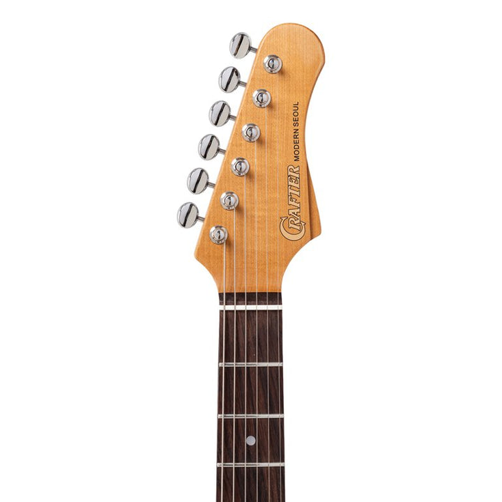 Headstock rear view showing staggered locking machine heads on roasted maple neck

