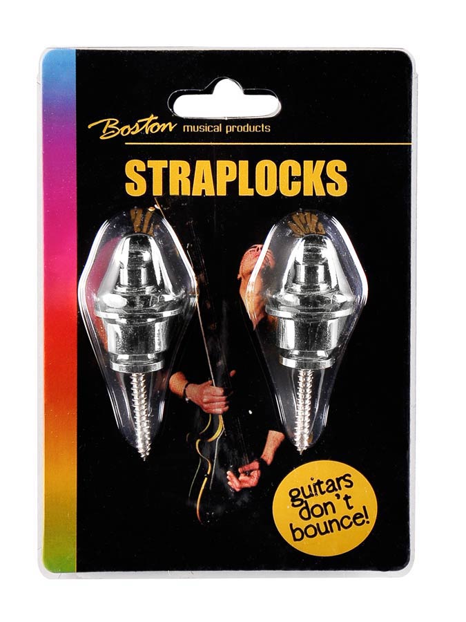 Chrome guitar strap lock system for electric and bass guitars

