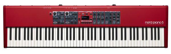 Nord Piano 5 88 full front view, showcasing its weighted keybed and streamlined control panel.