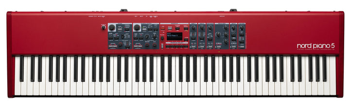 Nord Piano 5 88 full front view, showcasing its weighted keybed and streamlined control panel.