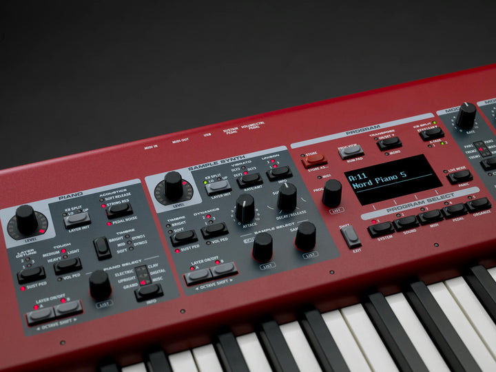 Nord Piano 5 piano section with advanced string resonance and pedal noise control.