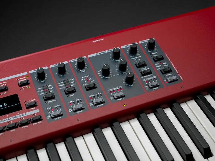 Nord Piano 5 effects panel featuring modulation, delay, and reverb settings.