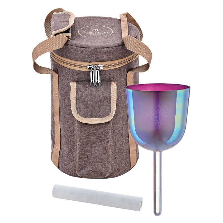 Full view of the Meinl Sonic Energy 3.75" Essence Solfeggio Crystal Singing Bowl with carrying bag and suede mallet.