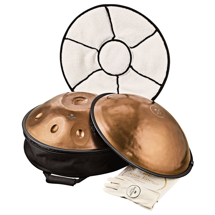 Complete set of accessories for the Meinl Sonic Energy Handpan, including padded carrying bag, velvet bag, and protective cover