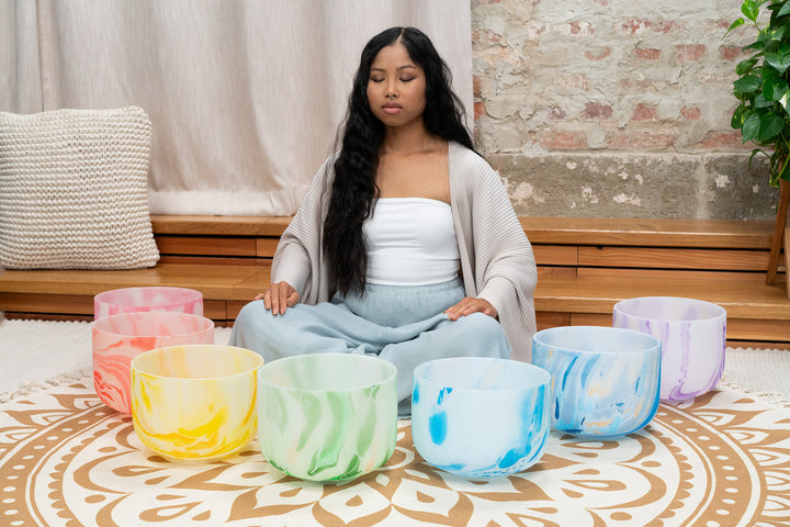 MEINL Sonic Energy Chakra Singing Bowl Set - C4 to B4, each bowl representing a different chakra color.