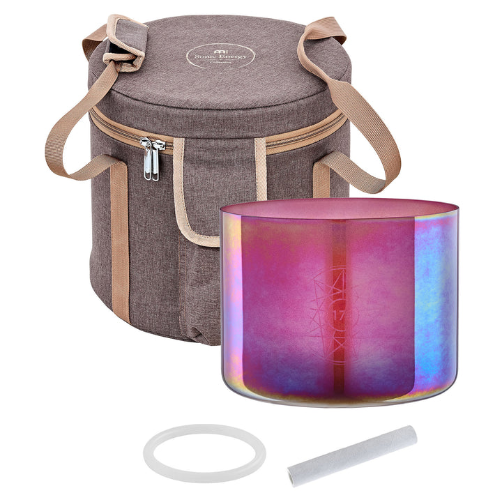 Full view of the Meinl Sonic Energy 8" Essence Solfeggio Crystal Singing Bowl with carrying bag and suede mallet.