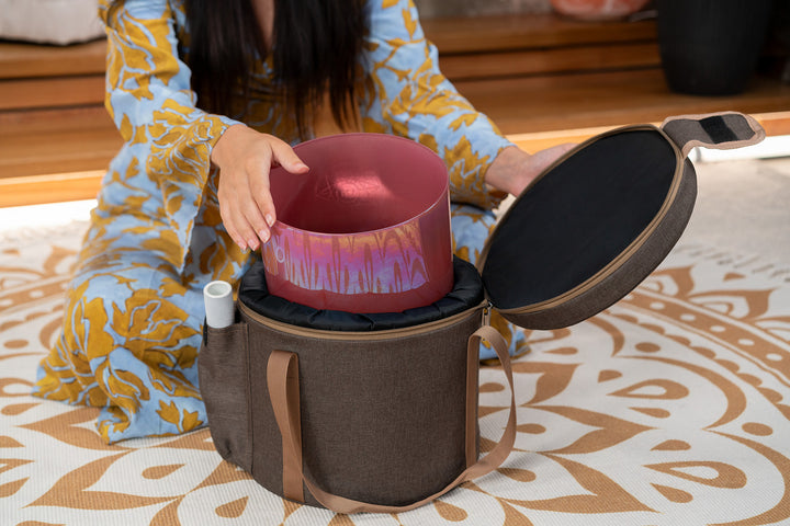 The protective carrying bag securely holding the crystal singing bowl.