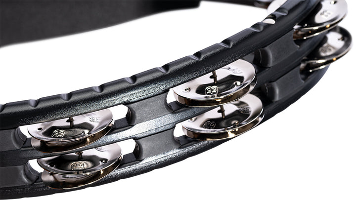 Close-up of nickel-plated steel jingles on the Meinl Hand Held Tambourine, providing a bright, clear sound