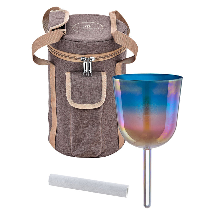 Full view of the Meinl Sonic Energy 4.5" Essence Solfeggio Crystal Singing Bowl with carrying bag and suede mallet.