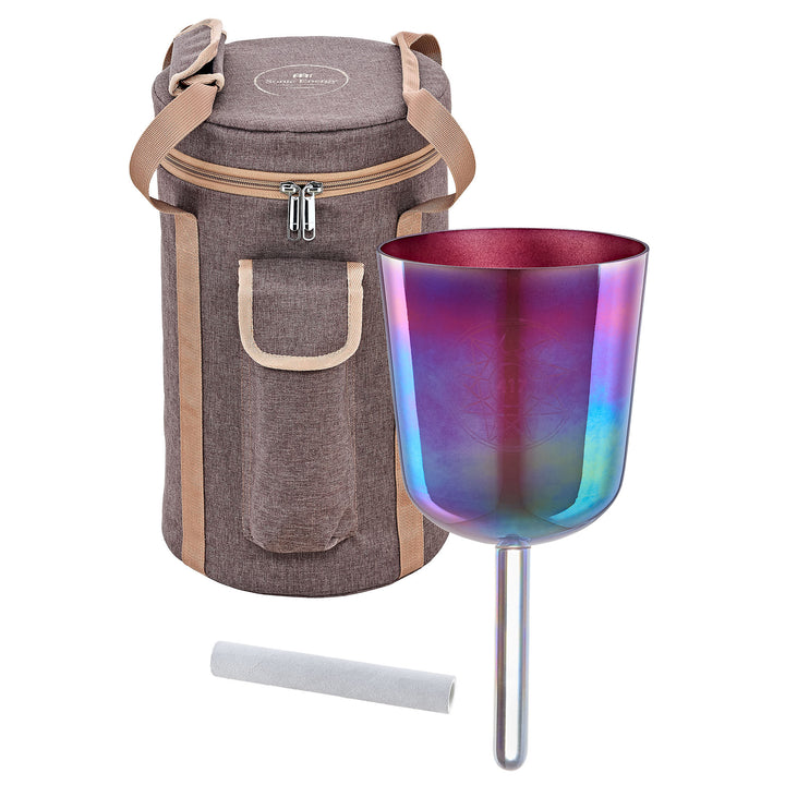 Full view of the Meinl Sonic Energy 5.75" Essence Solfeggio Crystal Singing Bowl with carrying bag and suede mallet.