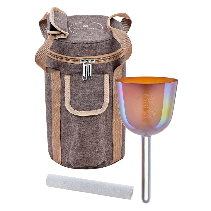 Full view of the Meinl Sonic Energy 3.75" Essence Solfeggio Crystal Singing Bowl with carrying bag and suede mallet.