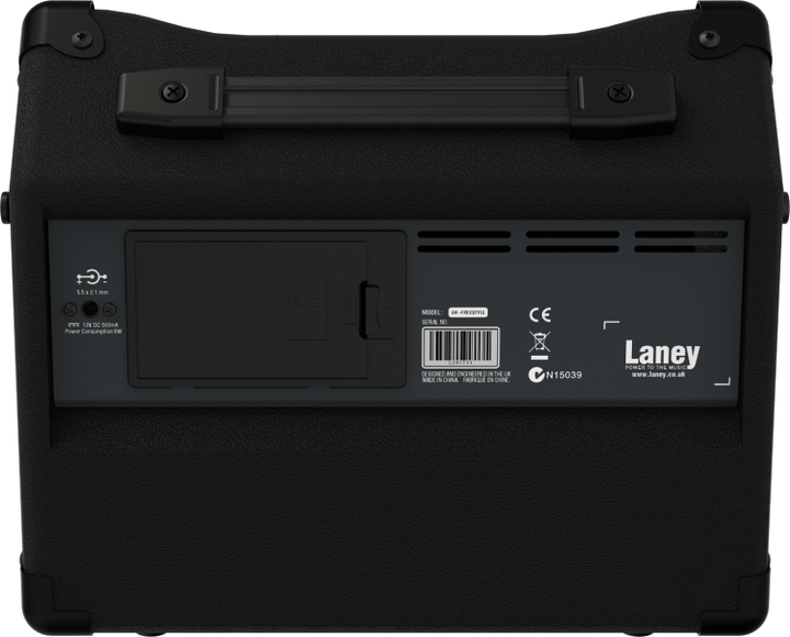 Rear panel showing inputs, master EQ, and power options for mains or battery operation.