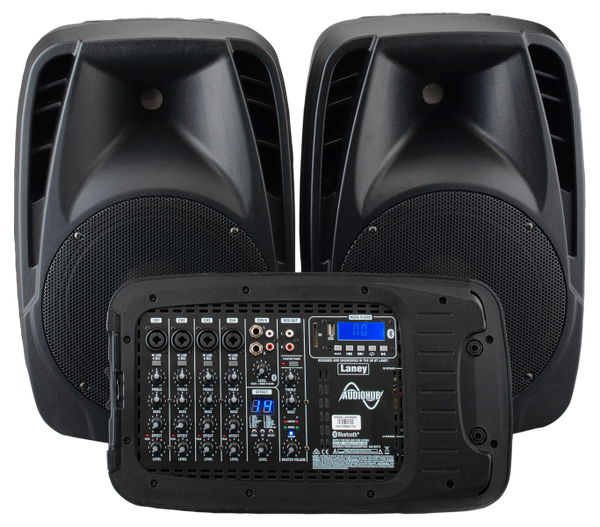  Laney AH2500D portable PA system with dual 10” enclosures and protective steel grille.