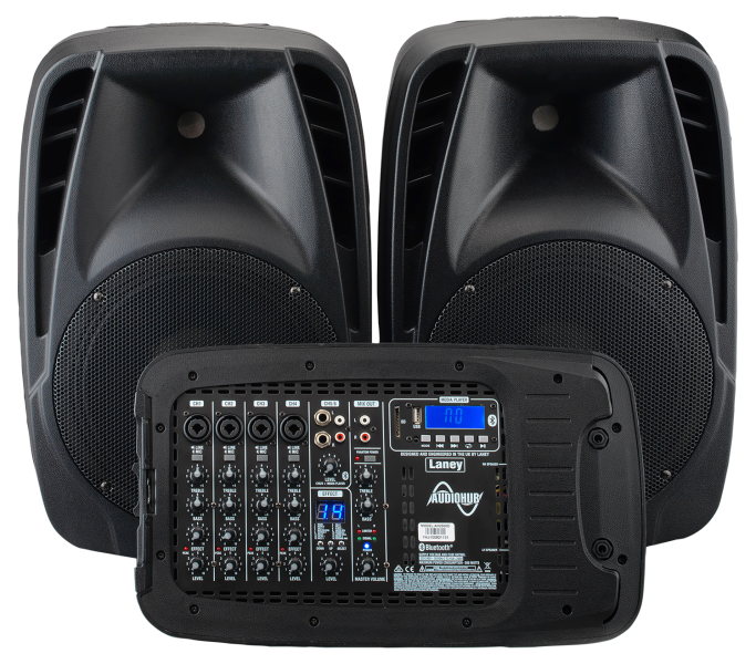  Laney AH2500D portable PA system with dual 10” enclosures and protective steel grille.