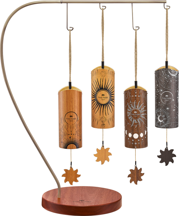 Meinl Sonic Energy 4-piece Cosmic Bamboo Chime Set displayed on wooden stand