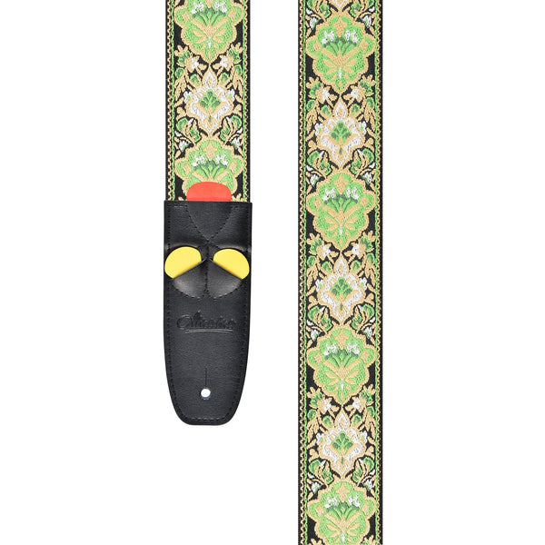 Amumu Green Vintage Jacquard Guitar Strap – Premium Leather Ends, Adjustable 36" to 63"