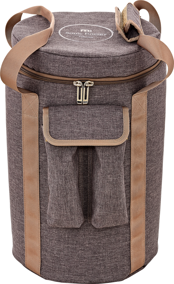  Full view of the Meinl Sonic Energy Crystal Singing Chalice Bag in brown with a mallet stored in the outer pocket.