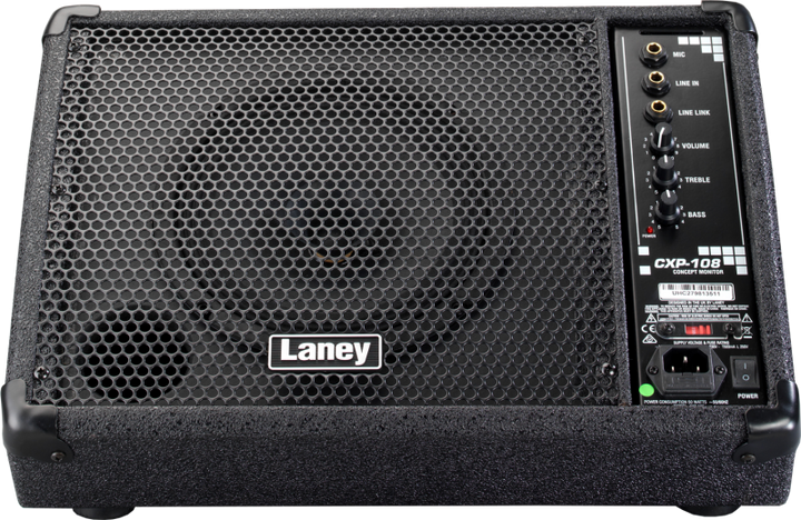 Concept CXP-108 active stage monitor showing steel grille and compact design.