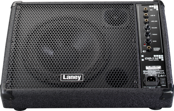 Laney CXP-110 active stage monitor with steel grille and compact design.