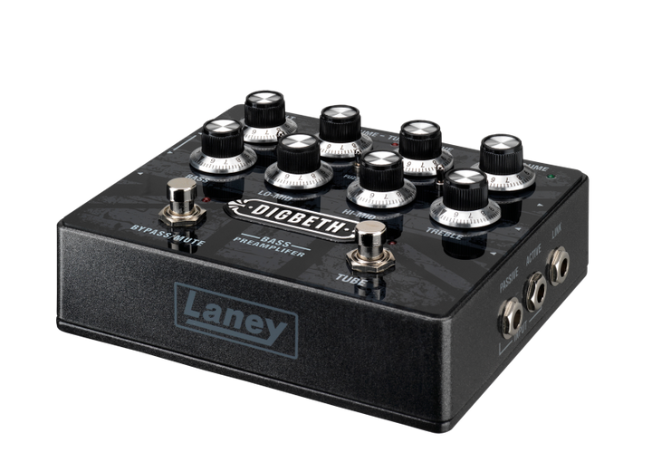 Top View of DB-PRE Pedal: Blend control and Tilt EQ functionality on the Laney DB-PRE bass preamp.
