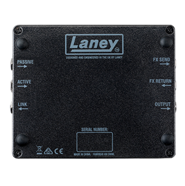 Back Panel of DB-PRE Pedal: DI Output, FX Loop, and Headphone Out connections on the Laney DB-PRE.
