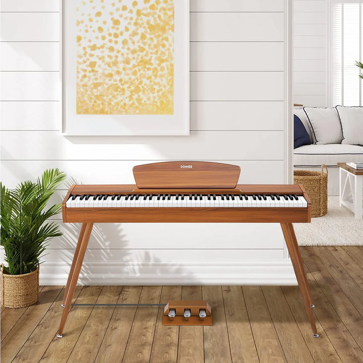 Donner DDP-80 Digital Piano with natural wood finish and 88-key hammer action keyboard.

