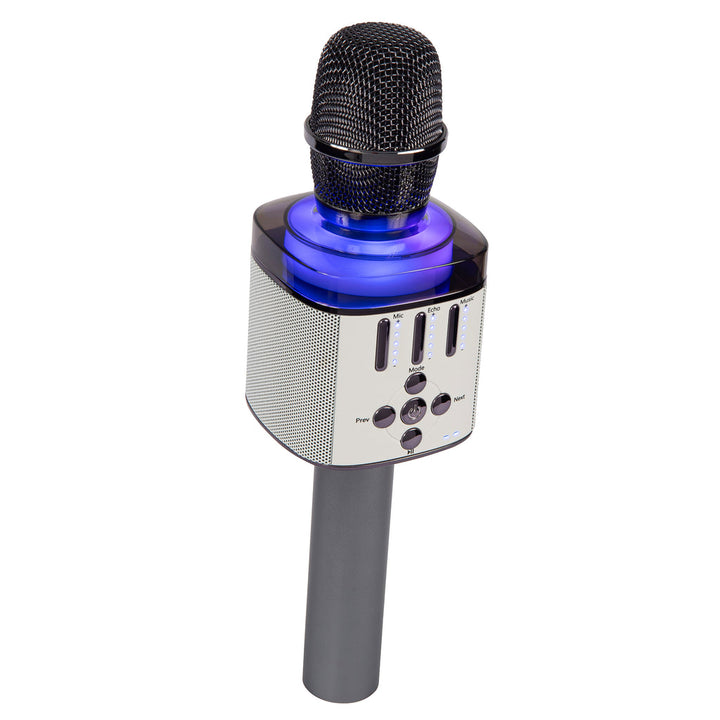 Easy Karaoke mic held in hand showing size and portability

