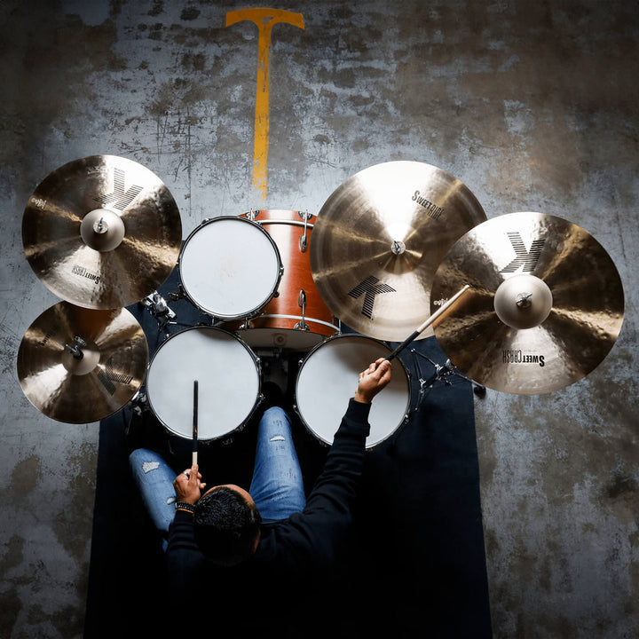 Zildjian K Sweet cymbals set up on a drum kit for live performance
